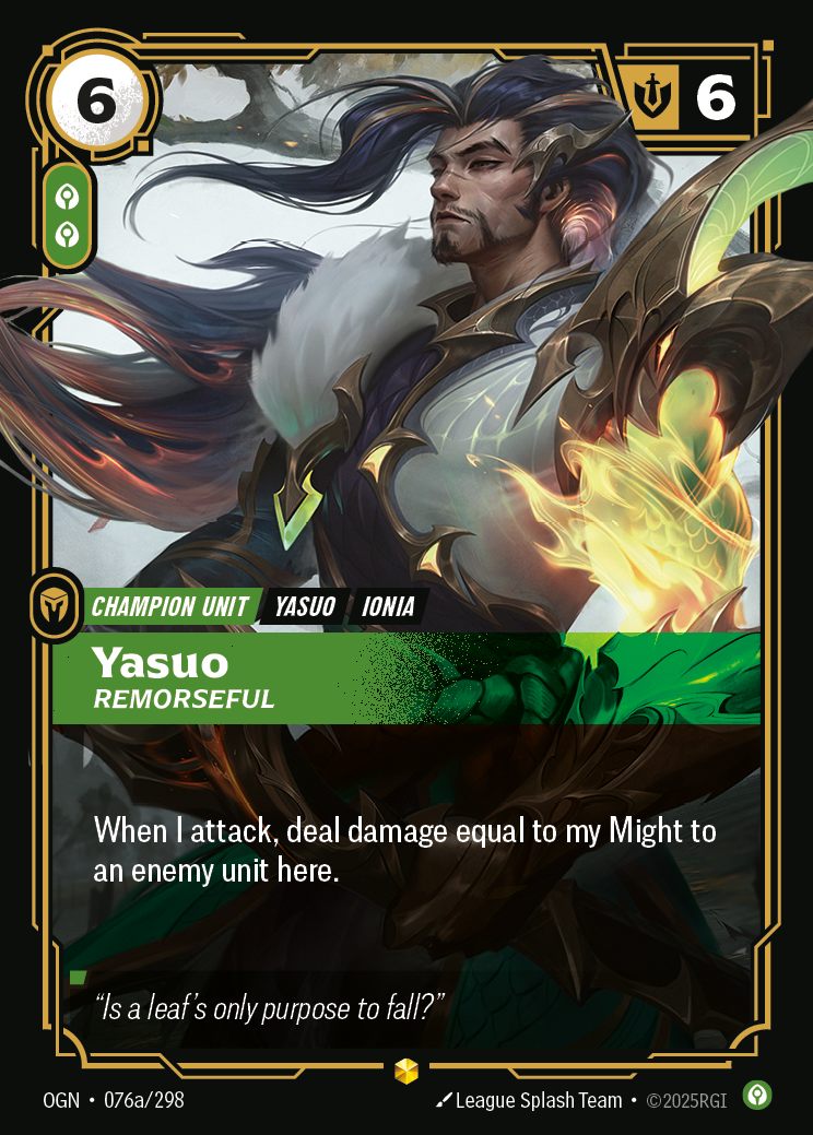 Yasuo, Remorseful (Champion Unit) (OGN-076a/298) (Showcase)
