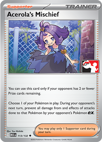Acerola’s Mischief (Supporter) (PPS9-MEG-113/132) (Uncommon) (Play! Pokémon Stamp)