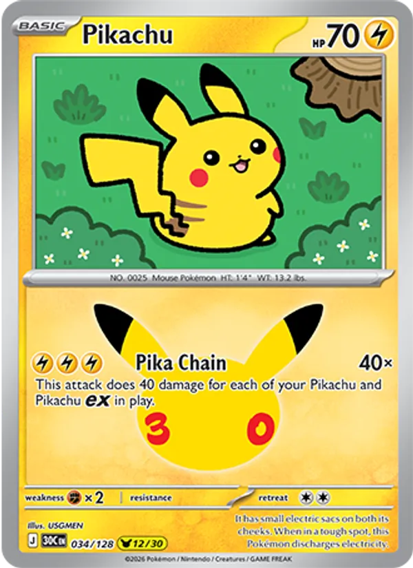 Pikachu (Basic Pokémon) (30C-034/128) (Pikachu Rare)